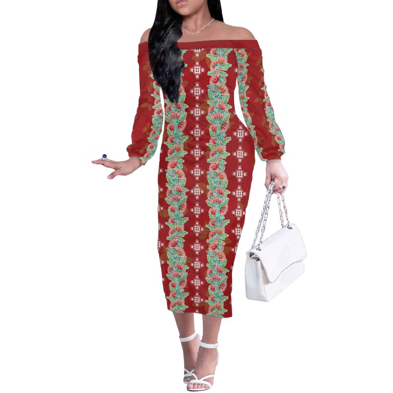 Hawaii Ohia Lehua Off The Shoulder Long Sleeve Dress Tropical Vibes Crimson LT05 Women Crimson - Polynesian Pride
