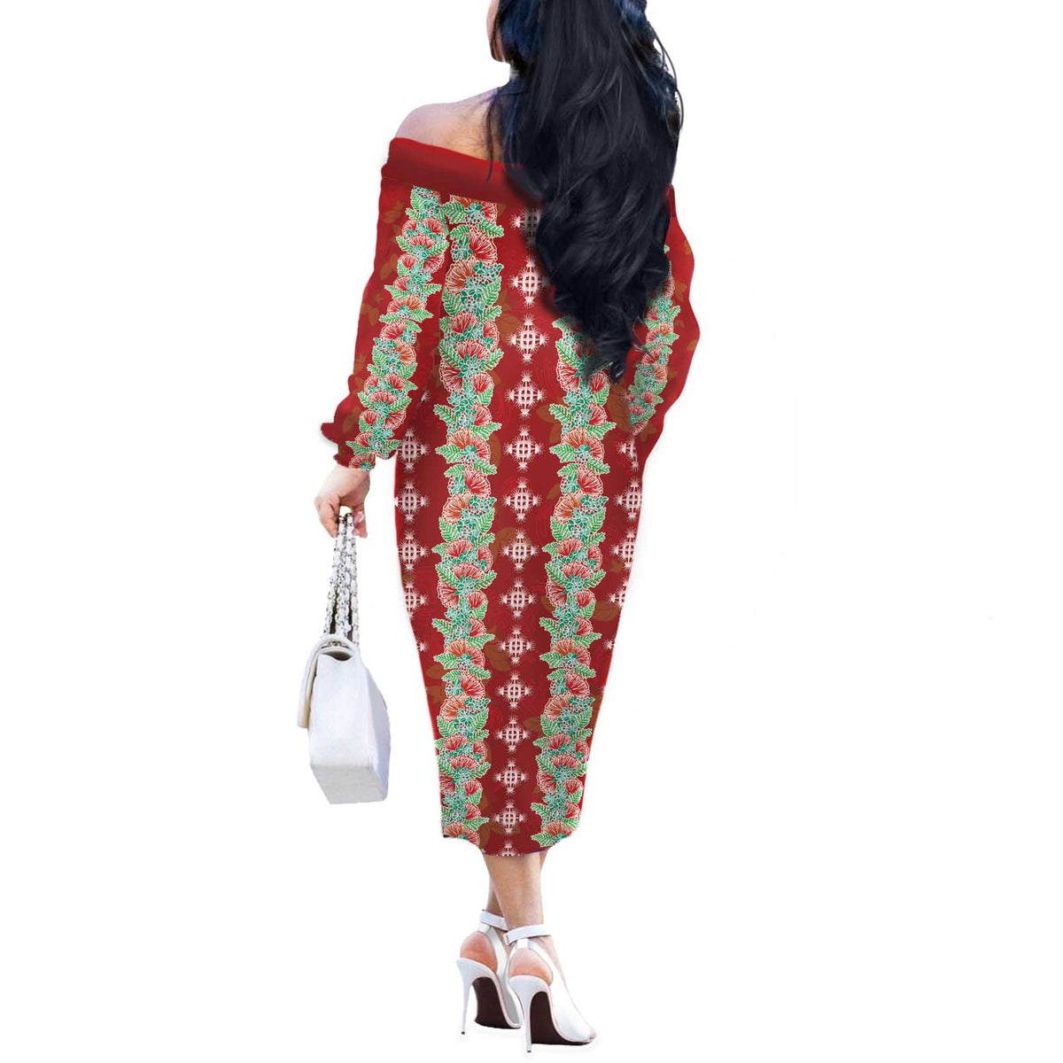 Hawaii Ohia Lehua Off The Shoulder Long Sleeve Dress Tropical Vibes Crimson