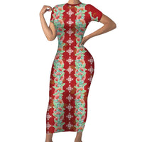 Hawaii Ohia Lehua Short Sleeve Bodycon Dress Tropical Vibes Crimson