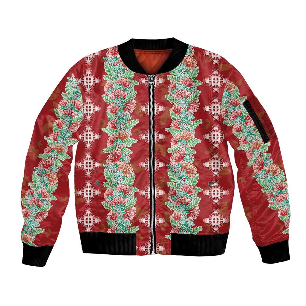 Hawaii Ohia Lehua Sleeve Zip Bomber Jacket Tropical Vibes Crimson