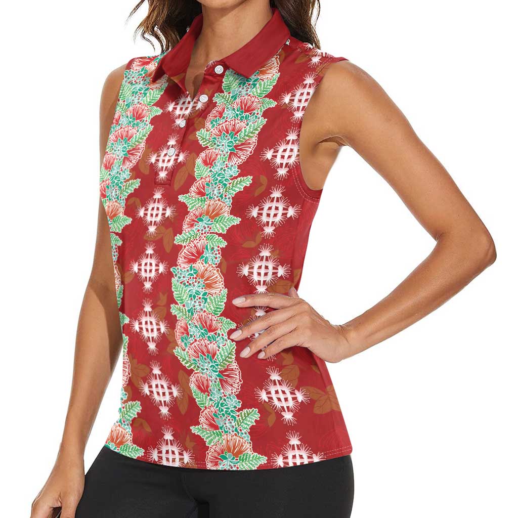 Hawaii Ohia Lehua Women Sleeveless Polo Shirt Tropical Vibes Crimson LT05 - Polynesian Pride