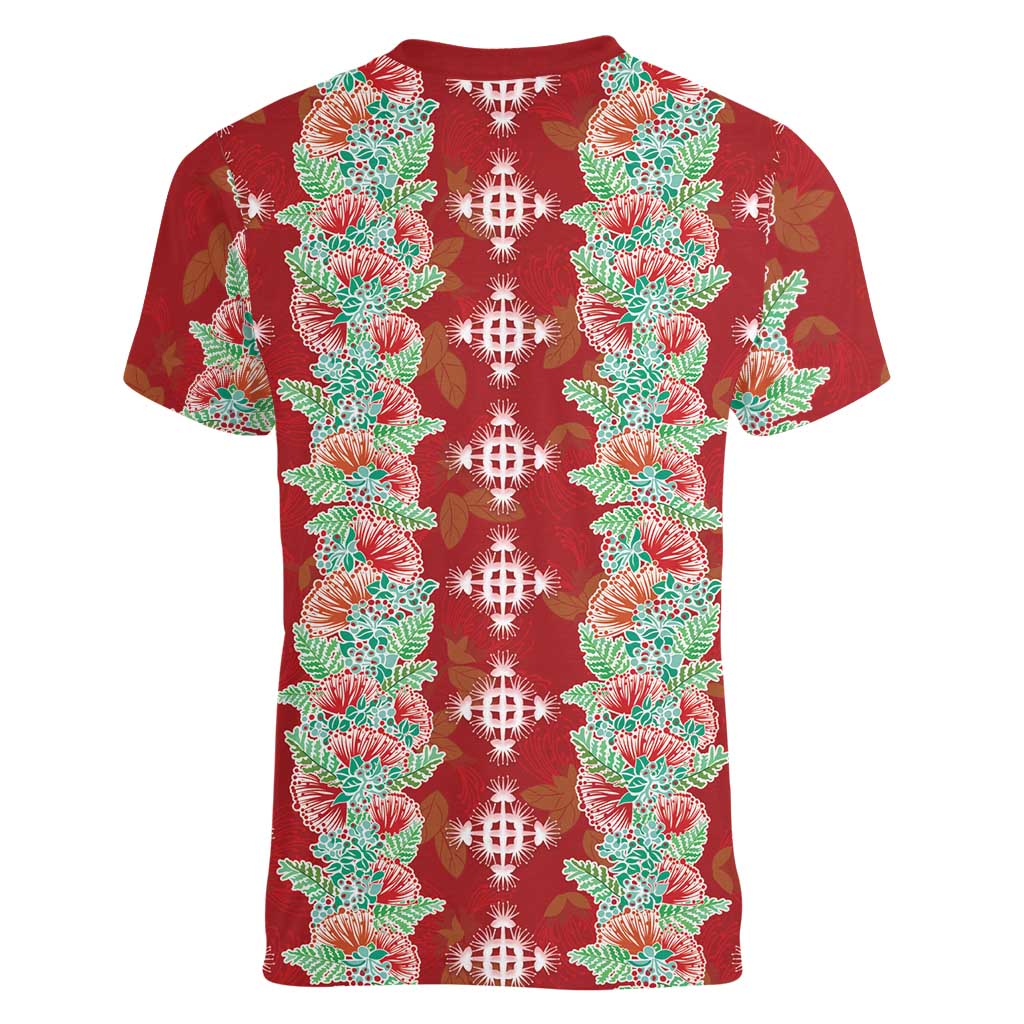Hawaii Ohia Lehua Women V-Neck T-Shirt Tropical Vibes Crimson LT05 - Polynesian Pride