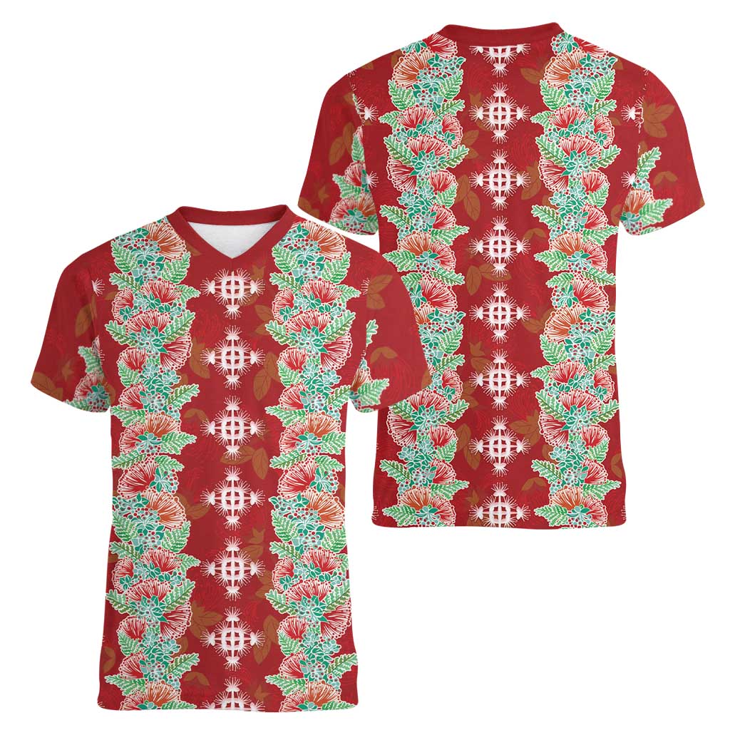 Hawaii Ohia Lehua Women V-Neck T-Shirt Tropical Vibes Crimson LT05 - Polynesian Pride