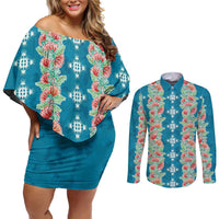 Hawaii Ohia Lehua Couples Matching Off Shoulder Short Dress and Long Sleeve Button Shirt Tropical Vibes Teal LT05 Teal - Polynesian Pride