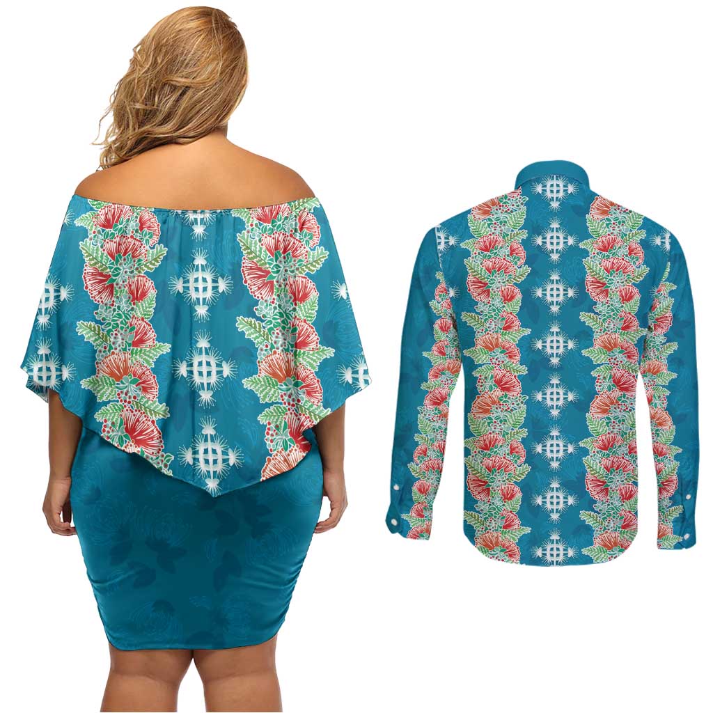 Hawaii Ohia Lehua Couples Matching Off Shoulder Short Dress and Long Sleeve Button Shirt Tropical Vibes Teal LT05 - Polynesian Pride