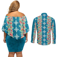 Hawaii Ohia Lehua Couples Matching Off Shoulder Short Dress and Long Sleeve Button Shirt Tropical Vibes Teal LT05 - Polynesian Pride