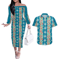 Hawaii Ohia Lehua Couples Matching Off The Shoulder Long Sleeve Dress and Hawaiian Shirt Tropical Vibes Teal