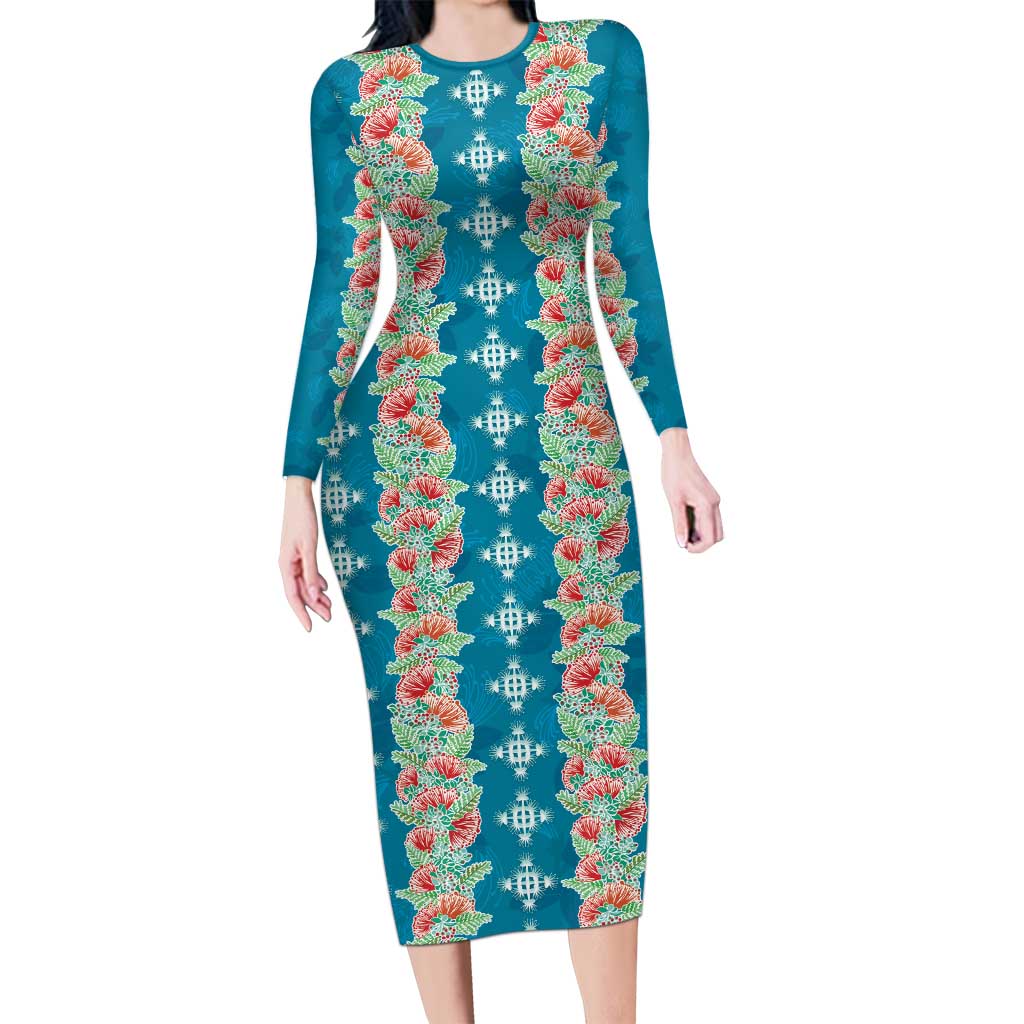 Hawaii Ohia Lehua Family Matching Long Sleeve Bodycon Dress and Hawaiian Shirt Tropical Vibes Teal LT05 Mom's Dress Teal - Polynesian Pride