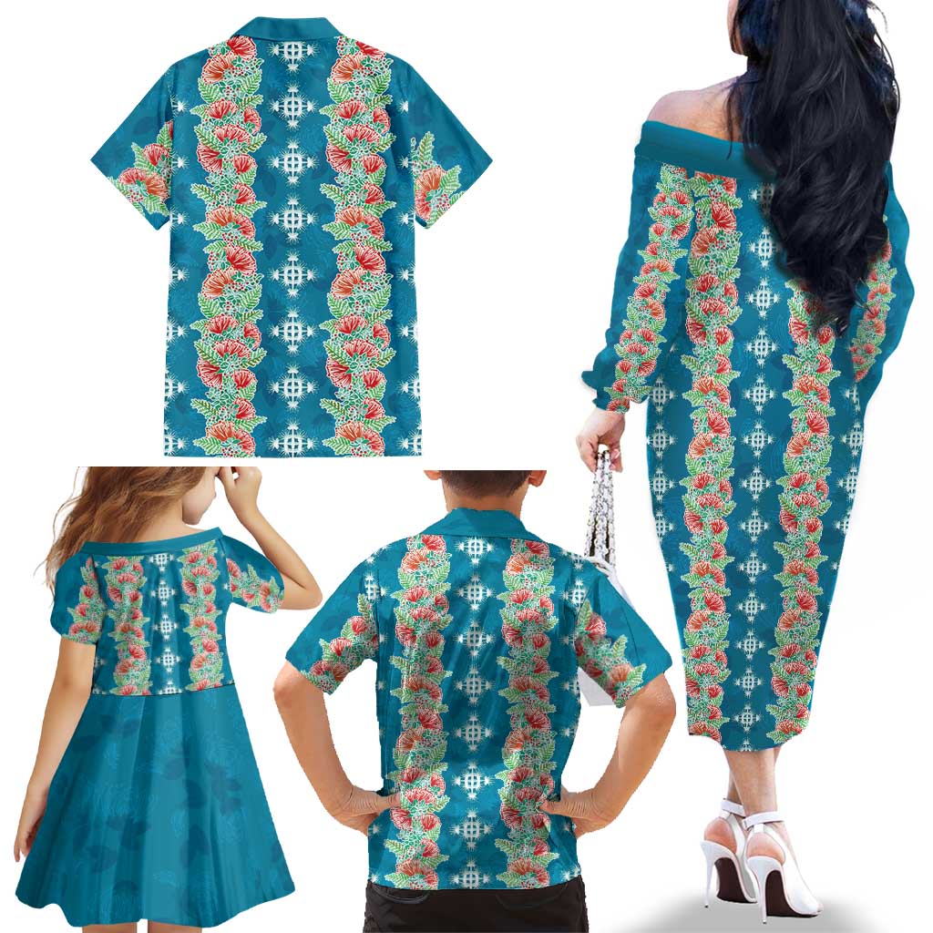 Hawaii Ohia Lehua Family Matching Off The Shoulder Long Sleeve Dress and Hawaiian Shirt Tropical Vibes Teal LT05 - Polynesian Pride