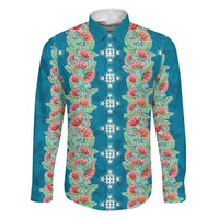 Hawaii Ohia Lehua Family Matching Off The Shoulder Long Sleeve Dress and Hawaiian Shirt Tropical Vibes Teal LT05 Dad's Shirt - Long Sleeve Teal - Polynesian Pride