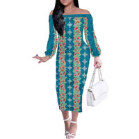 Hawaii Ohia Lehua Family Matching Off The Shoulder Long Sleeve Dress and Hawaiian Shirt Tropical Vibes Teal LT05 Mom's Dress Teal - Polynesian Pride