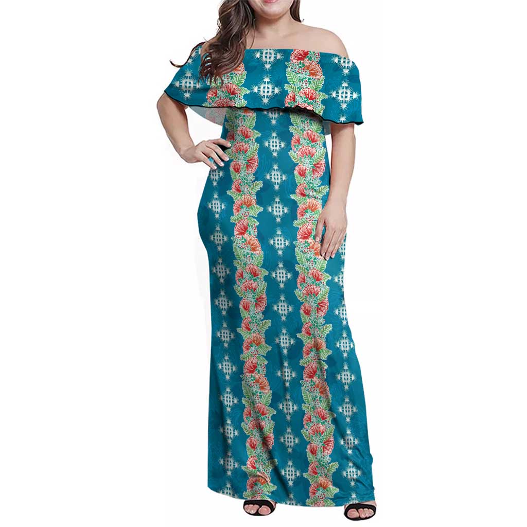 Hawaii Ohia Lehua Family Matching Off Shoulder Maxi Dress and Hawaiian Shirt Tropical Vibes Teal