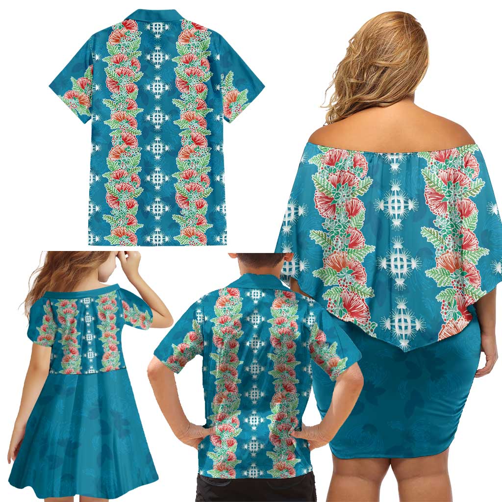 Hawaii Ohia Lehua Family Matching Off Shoulder Short Dress and Hawaiian Shirt Tropical Vibes Teal LT05 - Polynesian Pride