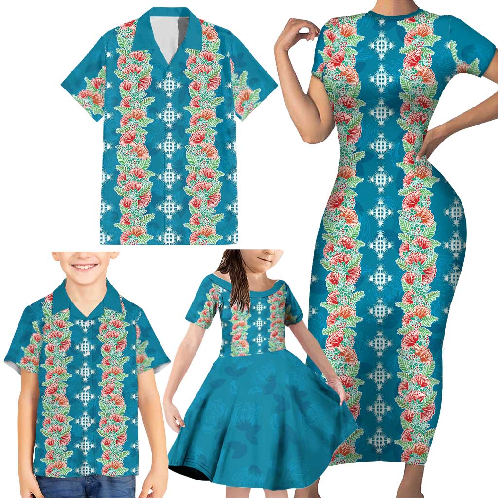 Hawaii Ohia Lehua Family Matching Short Sleeve Bodycon Dress and Hawaiian Shirt Tropical Vibes Teal