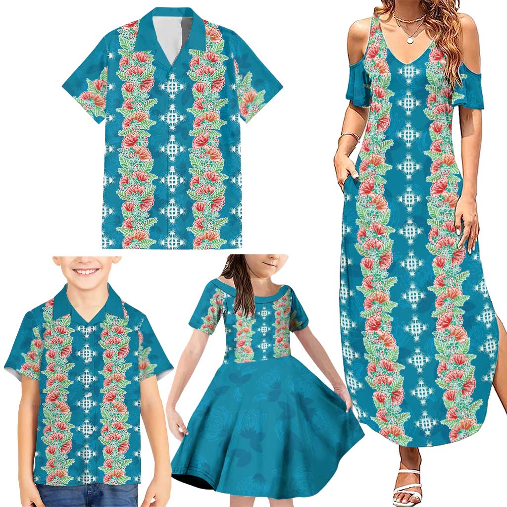 Hawaii Ohia Lehua Family Matching Summer Maxi Dress and Hawaiian Shirt Tropical Vibes Teal