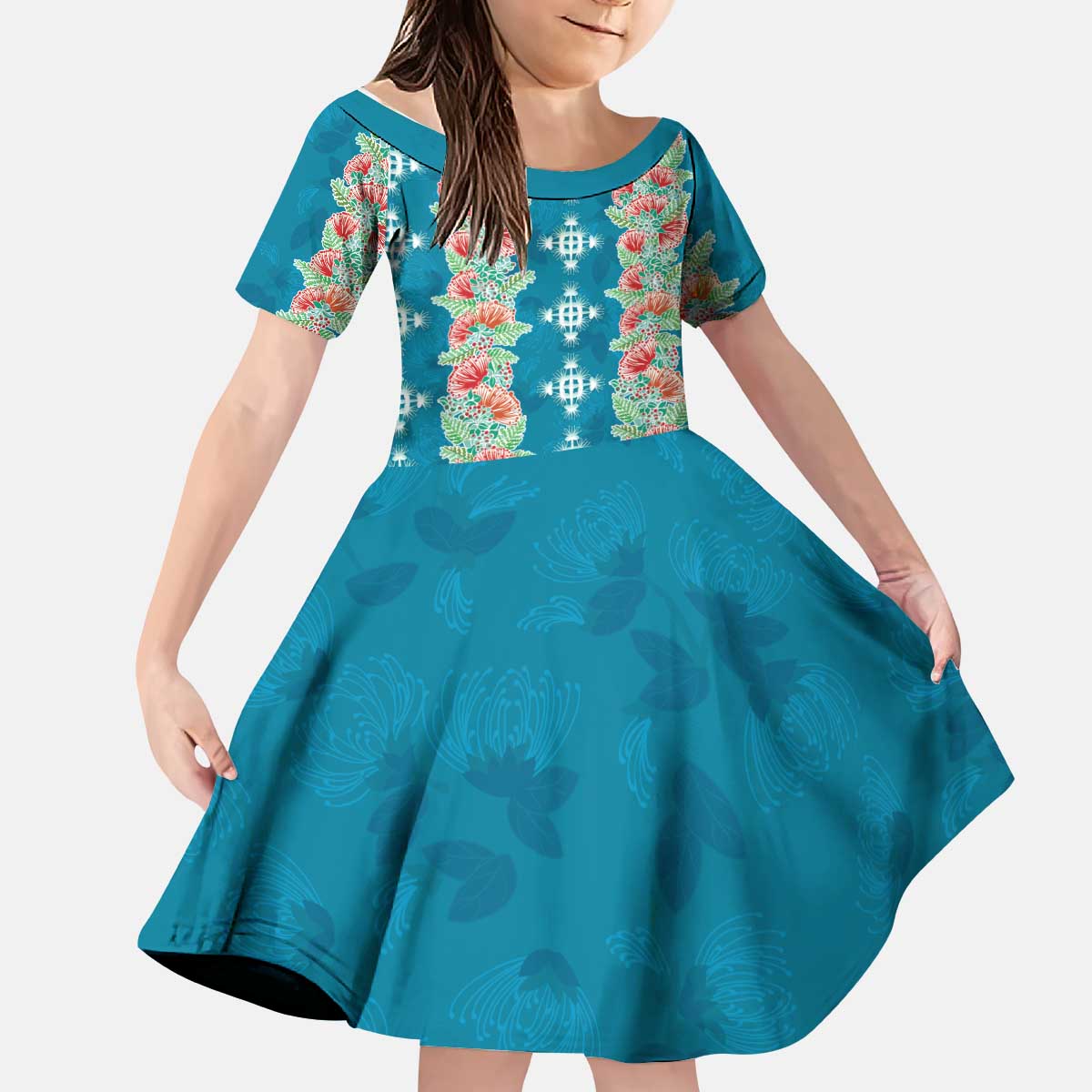 Hawaii Ohia Lehua Kid Short Sleeve Dress Tropical Vibes Teal LT05 KID Teal - Polynesian Pride
