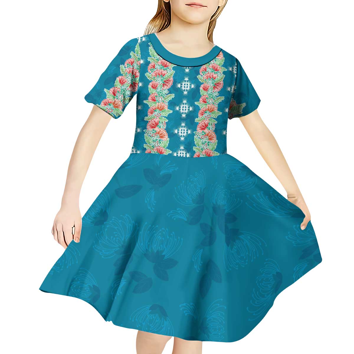 Hawaii Ohia Lehua Kid Short Sleeve Dress Tropical Vibes Teal LT05 - Polynesian Pride