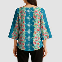 Hawaii Ohia Lehua Kimono Sleeve Blouse Tropical Vibes Teal