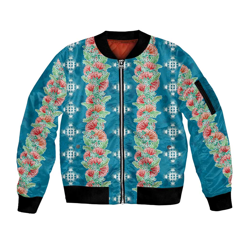 Hawaii Ohia Lehua Sleeve Zip Bomber Jacket Tropical Vibes Teal