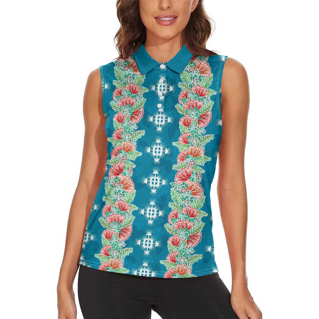 Hawaii Ohia Lehua Women Sleeveless Polo Shirt Tropical Vibes Teal LT05 - Polynesian Pride