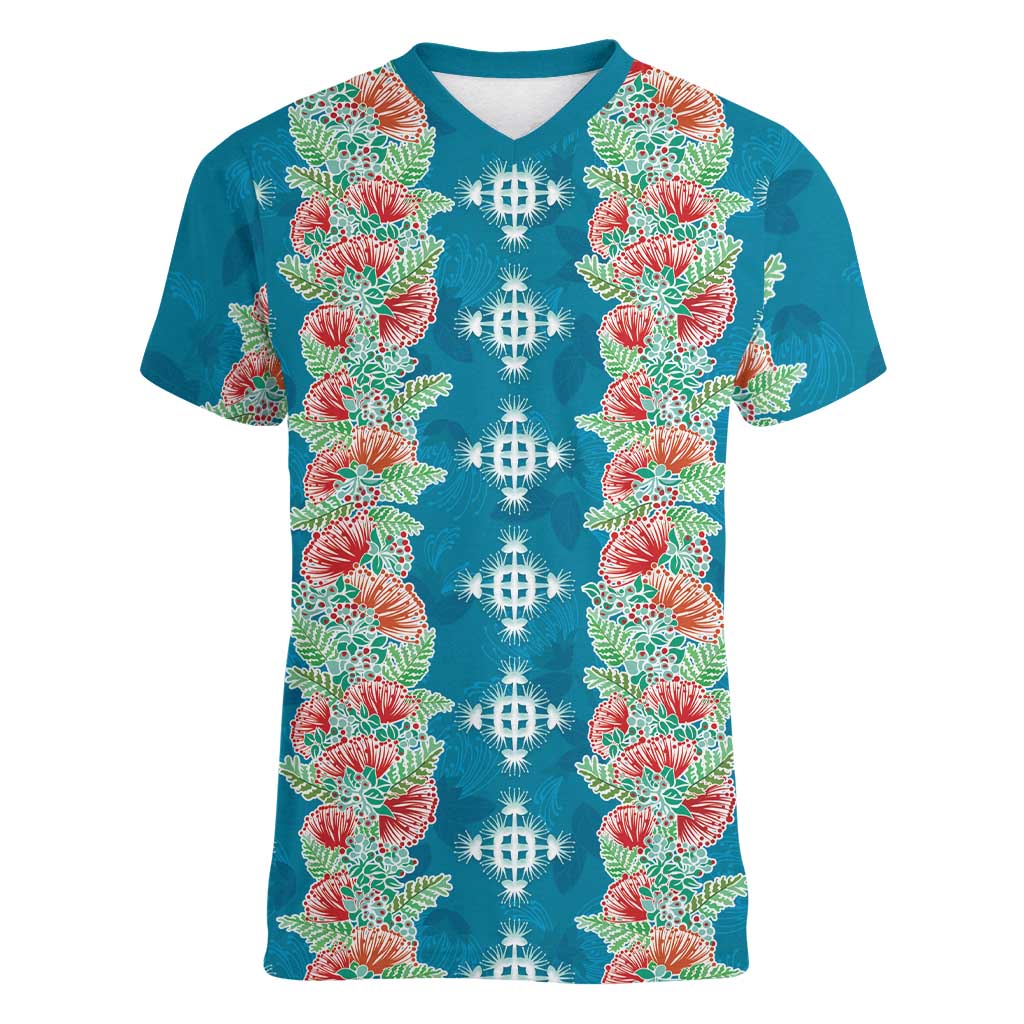 Hawaii Ohia Lehua Women V-Neck T-Shirt Tropical Vibes Teal LT05 Female Teal - Polynesian Pride
