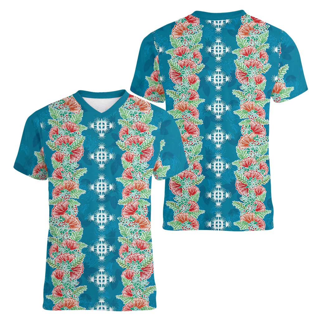 Hawaii Ohia Lehua Women V-Neck T-Shirt Tropical Vibes Teal LT05 - Polynesian Pride