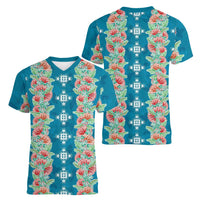 Hawaii Ohia Lehua Women V-Neck T-Shirt Tropical Vibes Teal LT05 - Polynesian Pride