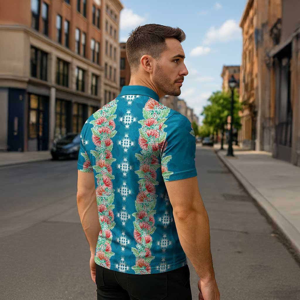 Hawaii Ohia Lehua Zipper Polo Shirt Tropical Vibes Teal