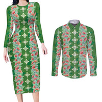 Hawaii Ohia Lehua Couples Matching Long Sleeve Bodycon Dress and Long Sleeve Button Shirt Tropical Vibes Green LT05 Green - Polynesian Pride