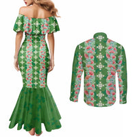 Hawaii Ohia Lehua Couples Matching Mermaid Dress and Long Sleeve Button Shirt Tropical Vibes Green LT05 - Polynesian Pride