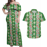 Hawaii Ohia Lehua Couples Matching Off Shoulder Maxi Dress and Hawaiian Shirt Tropical Vibes Green LT05 Green - Polynesian Pride