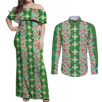 Hawaii Ohia Lehua Couples Matching Off Shoulder Maxi Dress and Long Sleeve Button Shirt Tropical Vibes Green LT05 Green - Polynesian Pride