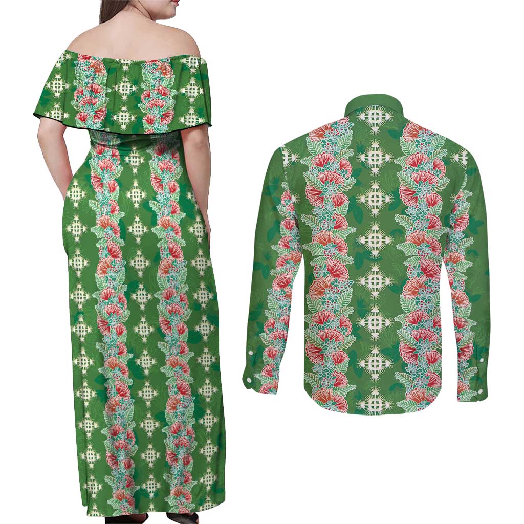 Hawaii Ohia Lehua Couples Matching Off Shoulder Maxi Dress and Long Sleeve Button Shirt Tropical Vibes Green LT05 - Polynesian Pride