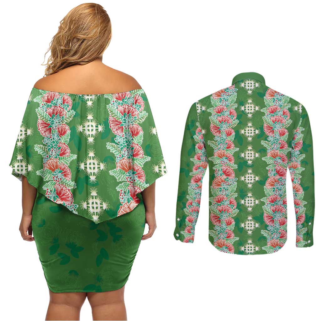 Hawaii Ohia Lehua Couples Matching Off Shoulder Short Dress and Long Sleeve Button Shirt Tropical Vibes Green LT05 - Polynesian Pride
