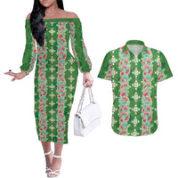 Hawaii Ohia Lehua Couples Matching Off The Shoulder Long Sleeve Dress and Hawaiian Shirt Tropical Vibes Green