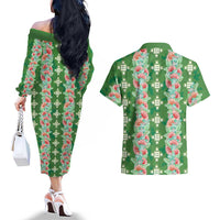 Hawaii Ohia Lehua Couples Matching Off The Shoulder Long Sleeve Dress and Hawaiian Shirt Tropical Vibes Green