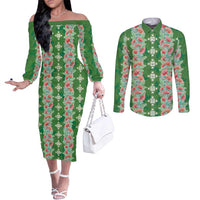 Hawaii Ohia Lehua Couples Matching Off The Shoulder Long Sleeve Dress and Long Sleeve Button Shirt Tropical Vibes Green LT05 Green - Polynesian Pride