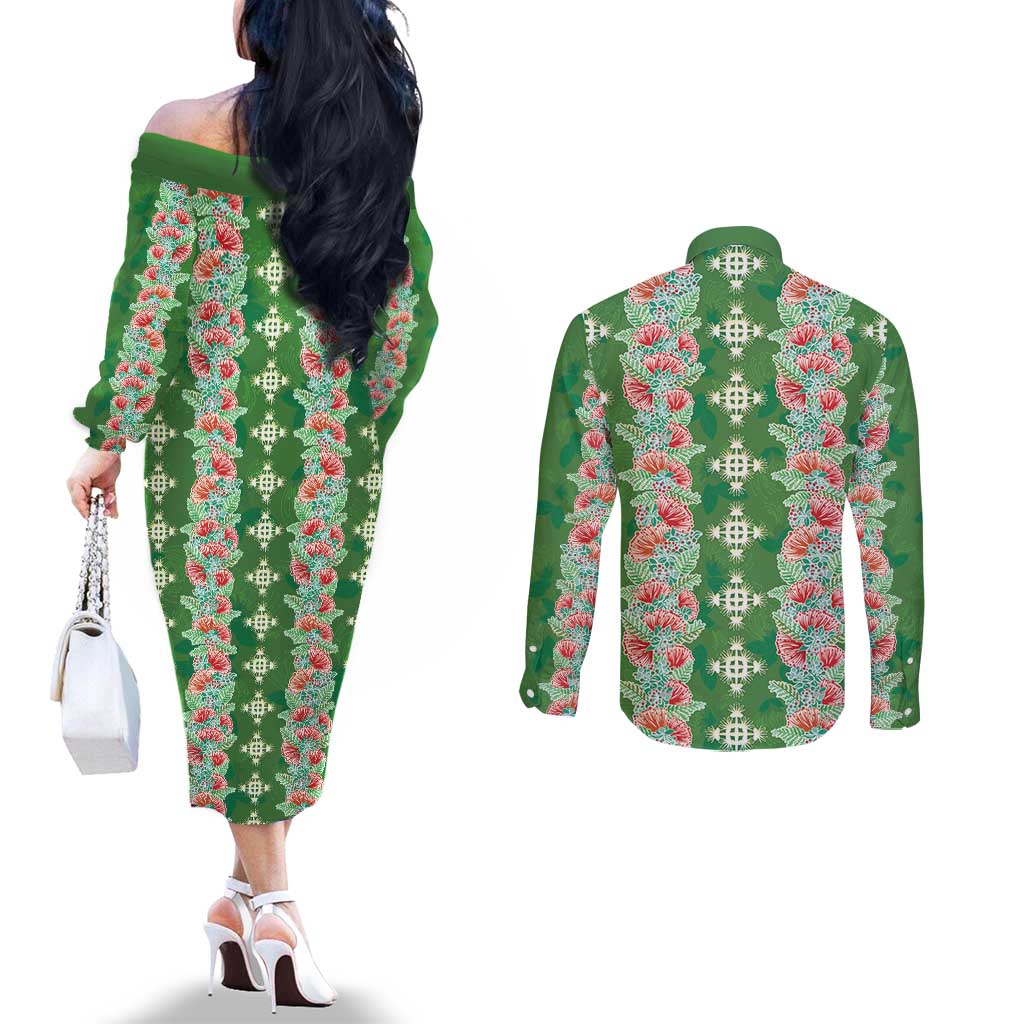 Hawaii Ohia Lehua Couples Matching Off The Shoulder Long Sleeve Dress and Long Sleeve Button Shirt Tropical Vibes Green LT05 - Polynesian Pride