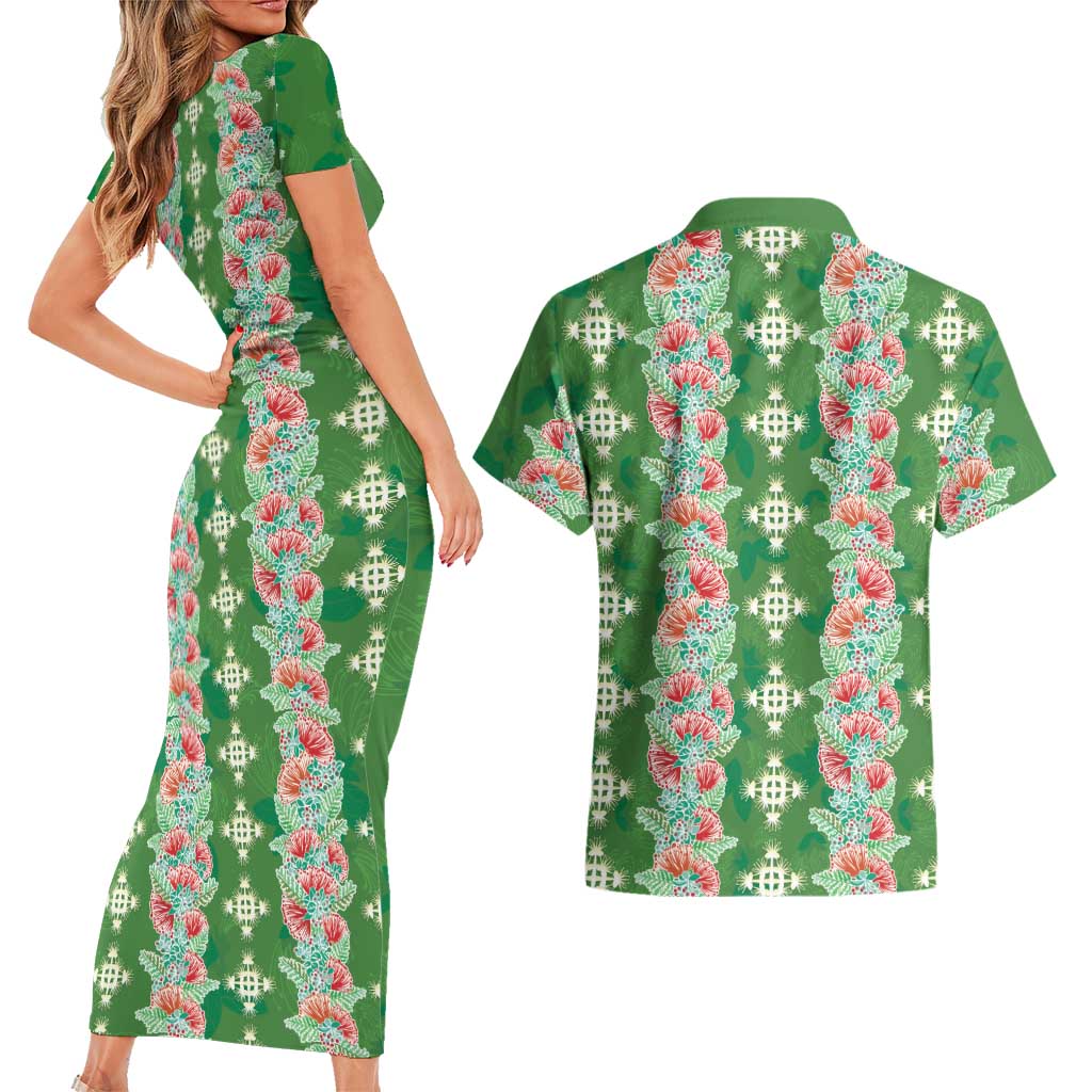 Hawaii Ohia Lehua Couples Matching Short Sleeve Bodycon Dress and Hawaiian Shirt Tropical Vibes Green