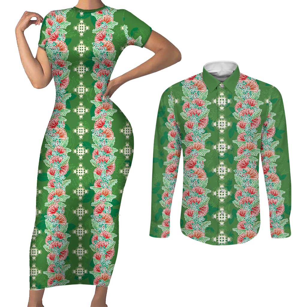 Hawaii Ohia Lehua Couples Matching Short Sleeve Bodycon Dress and Long Sleeve Button Shirt Tropical Vibes Green LT05 Green - Polynesian Pride