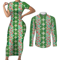 Hawaii Ohia Lehua Couples Matching Short Sleeve Bodycon Dress and Long Sleeve Button Shirt Tropical Vibes Green LT05 Green - Polynesian Pride