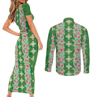 Hawaii Ohia Lehua Couples Matching Short Sleeve Bodycon Dress and Long Sleeve Button Shirt Tropical Vibes Green LT05 - Polynesian Pride