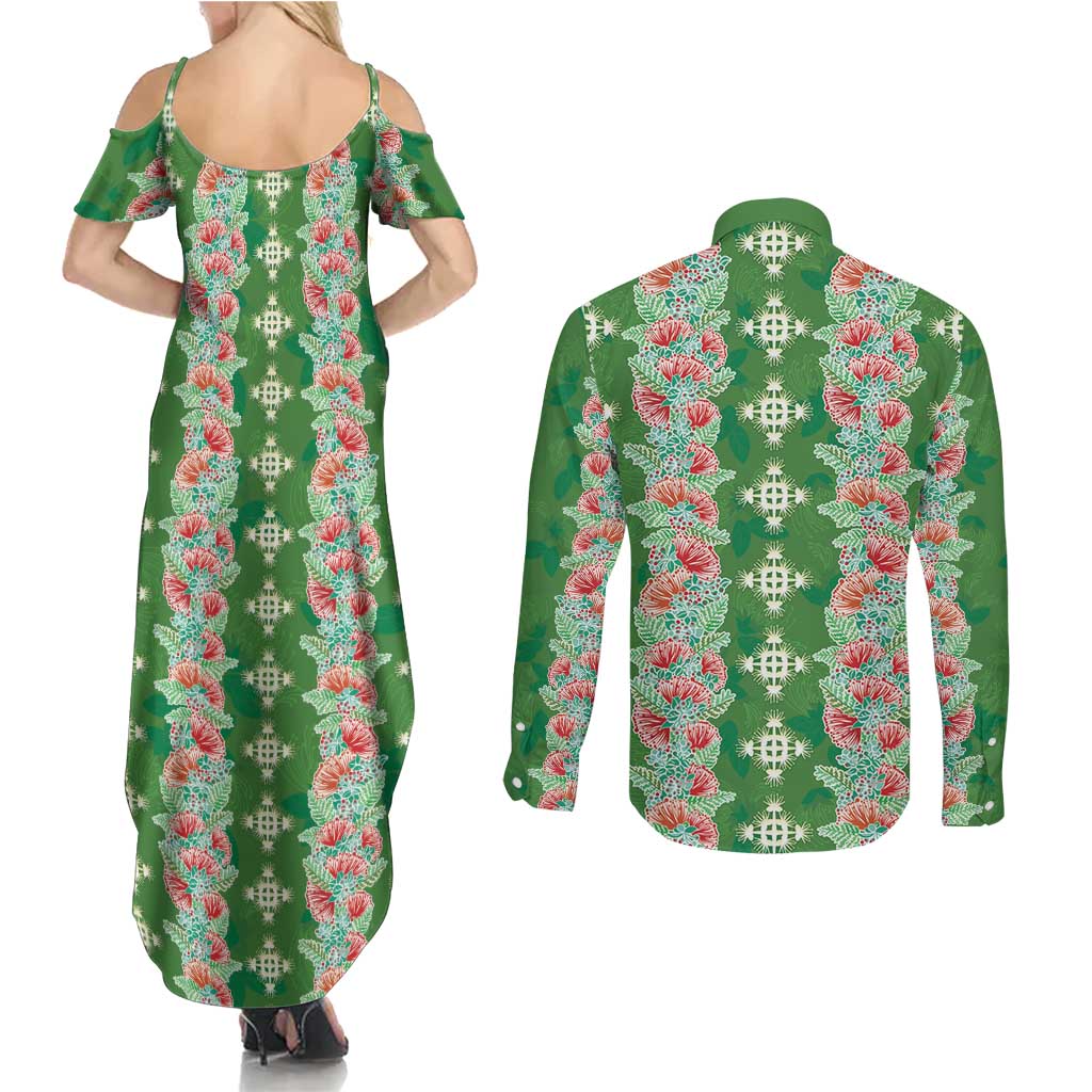 Hawaii Ohia Lehua Couples Matching Summer Maxi Dress and Long Sleeve Button Shirt Tropical Vibes Green LT05 - Polynesian Pride
