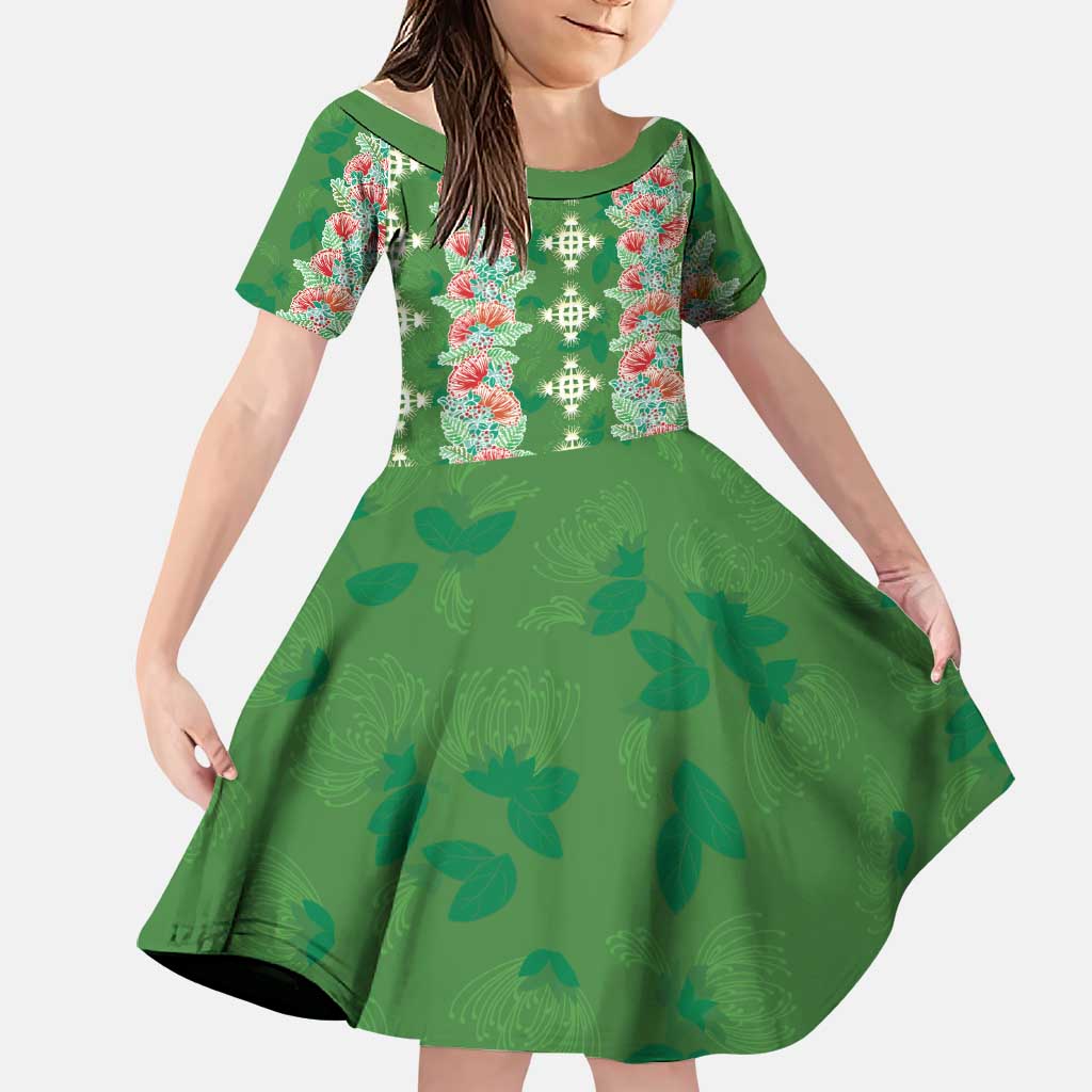 Hawaii Ohia Lehua Family Matching Long Sleeve Bodycon Dress and Hawaiian Shirt Tropical Vibes Green LT05 Daughter's Dress Green - Polynesian Pride