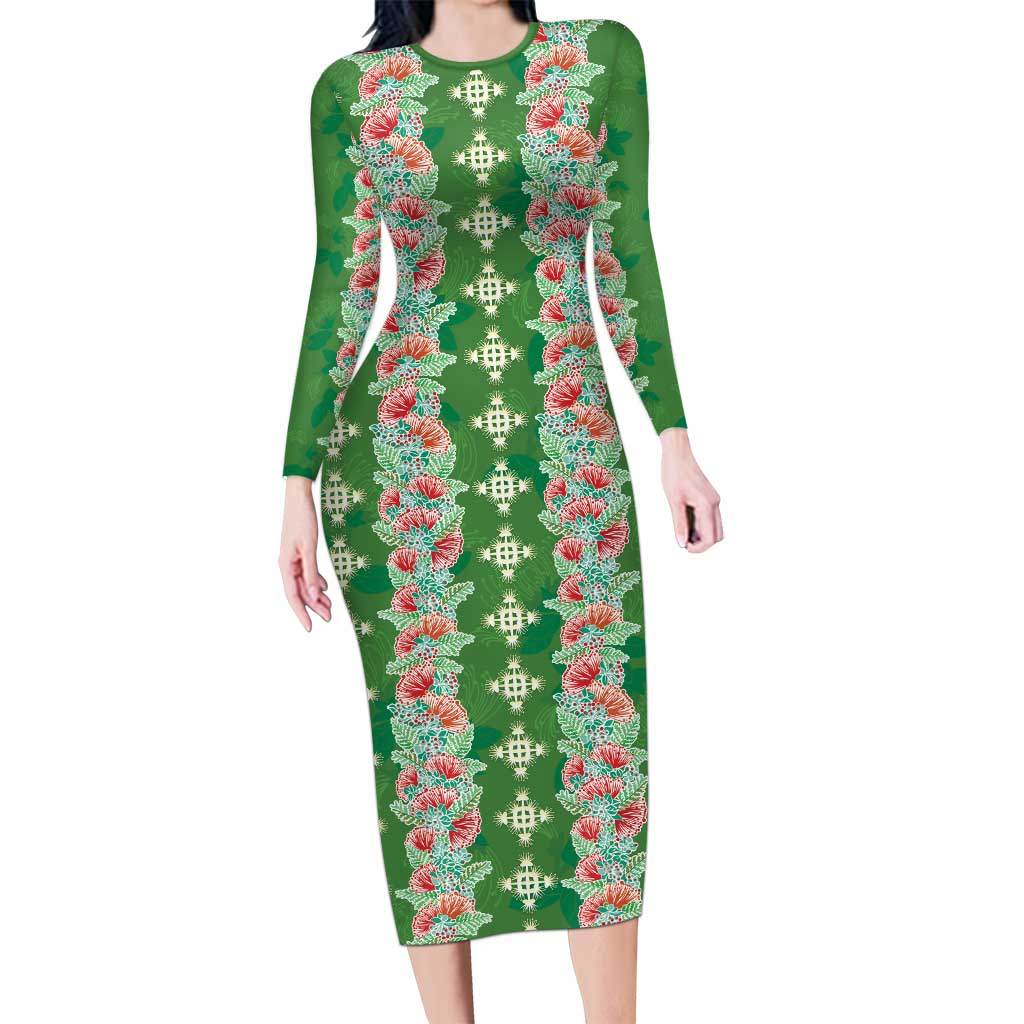 Hawaii Ohia Lehua Family Matching Long Sleeve Bodycon Dress and Hawaiian Shirt Tropical Vibes Green LT05 Mom's Dress Green - Polynesian Pride