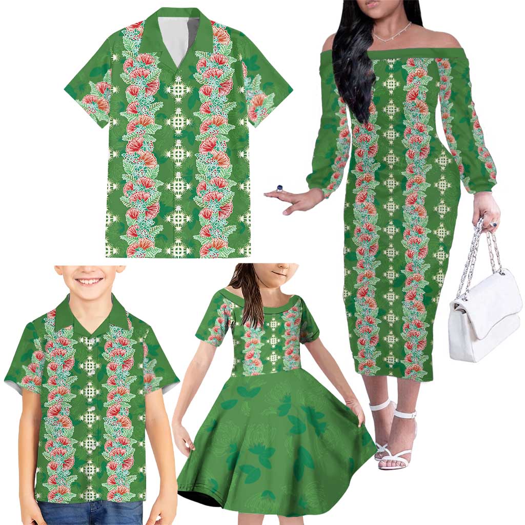 Hawaii Ohia Lehua Family Matching Off The Shoulder Long Sleeve Dress and Hawaiian Shirt Tropical Vibes Green