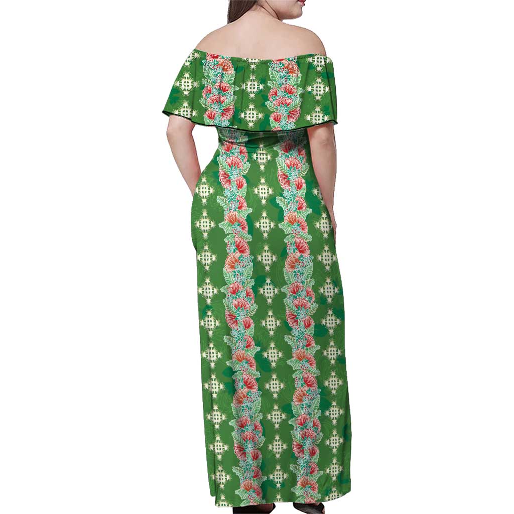 Hawaii Ohia Lehua Family Matching Off Shoulder Maxi Dress and Hawaiian Shirt Tropical Vibes Green