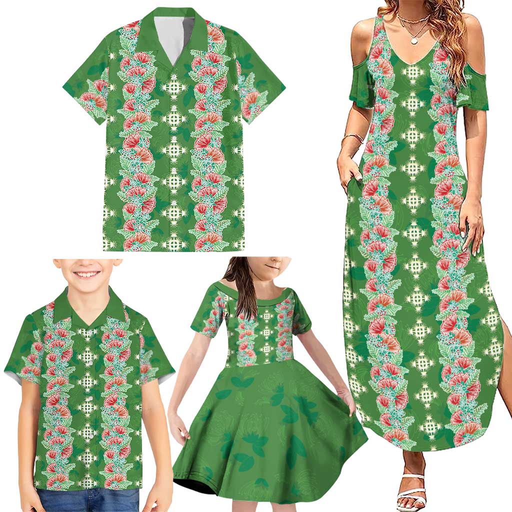Hawaii Ohia Lehua Family Matching Summer Maxi Dress and Hawaiian Shirt Tropical Vibes Green