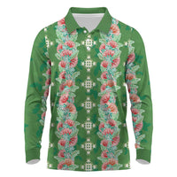 Hawaii Ohia Lehua Long Sleeve Polo Shirt Tropical Vibes Green