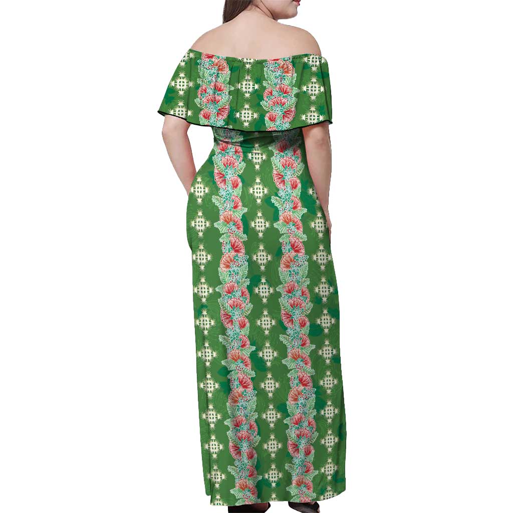 Hawaii Ohia Lehua Off Shoulder Maxi Dress Tropical Vibes Green